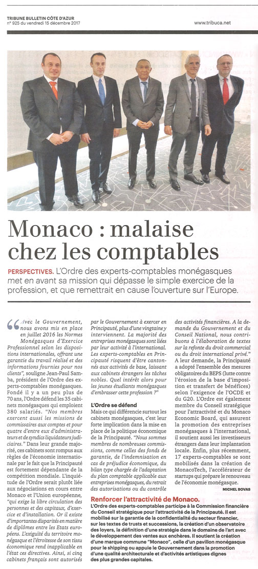 Monaco : malaise chez comptables - Tribuca n°925 du 15 décembre 2017
